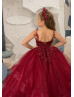 Beaded Burgundy Lace Tulle Corset Back Flower Girl Dress